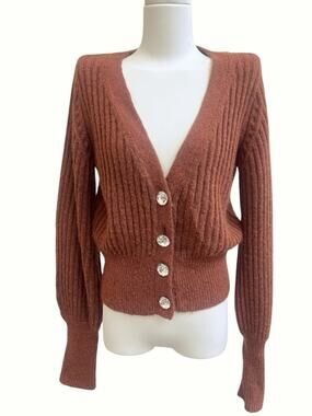 INTERMIX Ella Cardigan Wool Blend Brown Cardigan Sweater Sz S Jewel Buttons